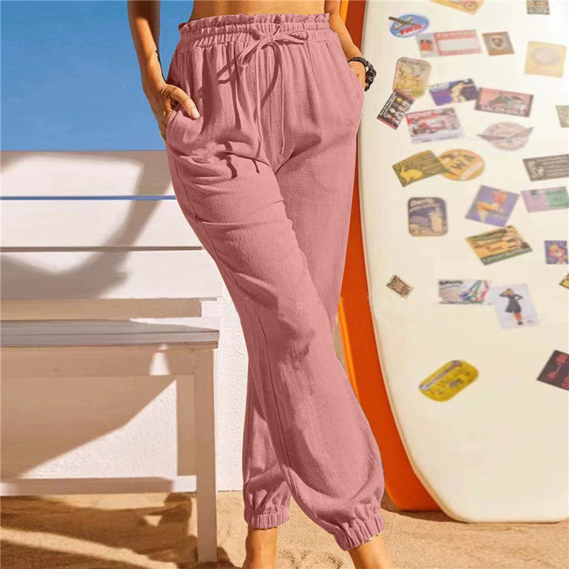 Europe And America Cross Border Hemp Cotton Lotus Leaf Ankle Banded Pants Elasticated Slacks Female
