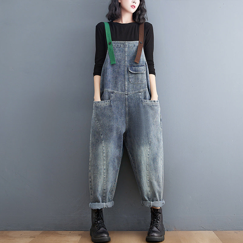 Hip Sister Clash-colored Shoulder Strap Jeans Overalls