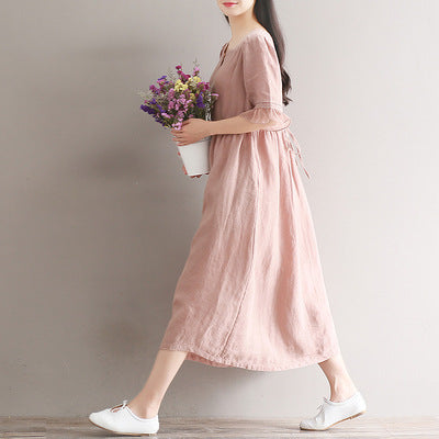 A New Short Sleeve Loose Size Women"s Cotton Hemp Dress With Hair Style In Spring And Summer Of