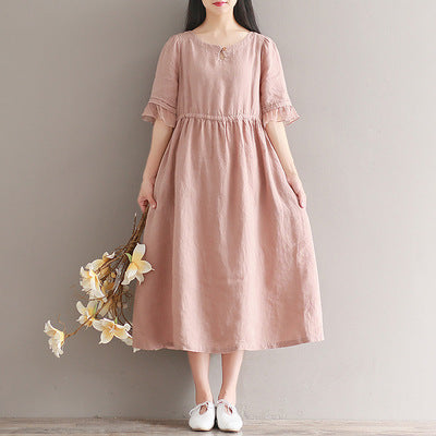 A New Short Sleeve Loose Size Women"s Cotton Hemp Dress With Hair Style In Spring And Summer Of