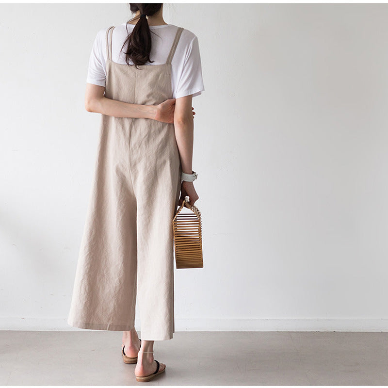 New Loose Casual Wide Leg Cotton Hemp Sling Jumpsuit