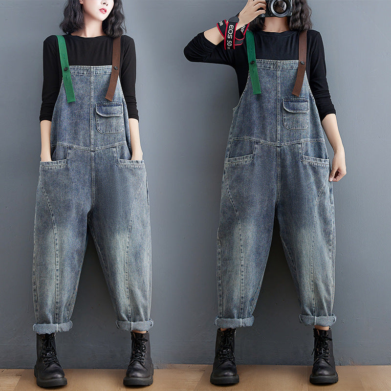 Hip Sister Clash-colored Shoulder Strap Jeans Overalls