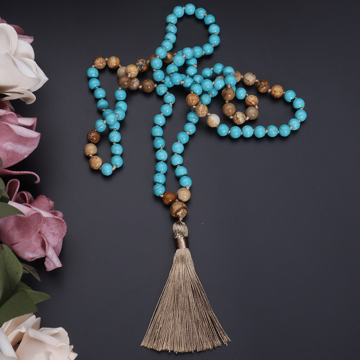 108 Mala Necklace Vintage Turquoise Painted Stone Necklace