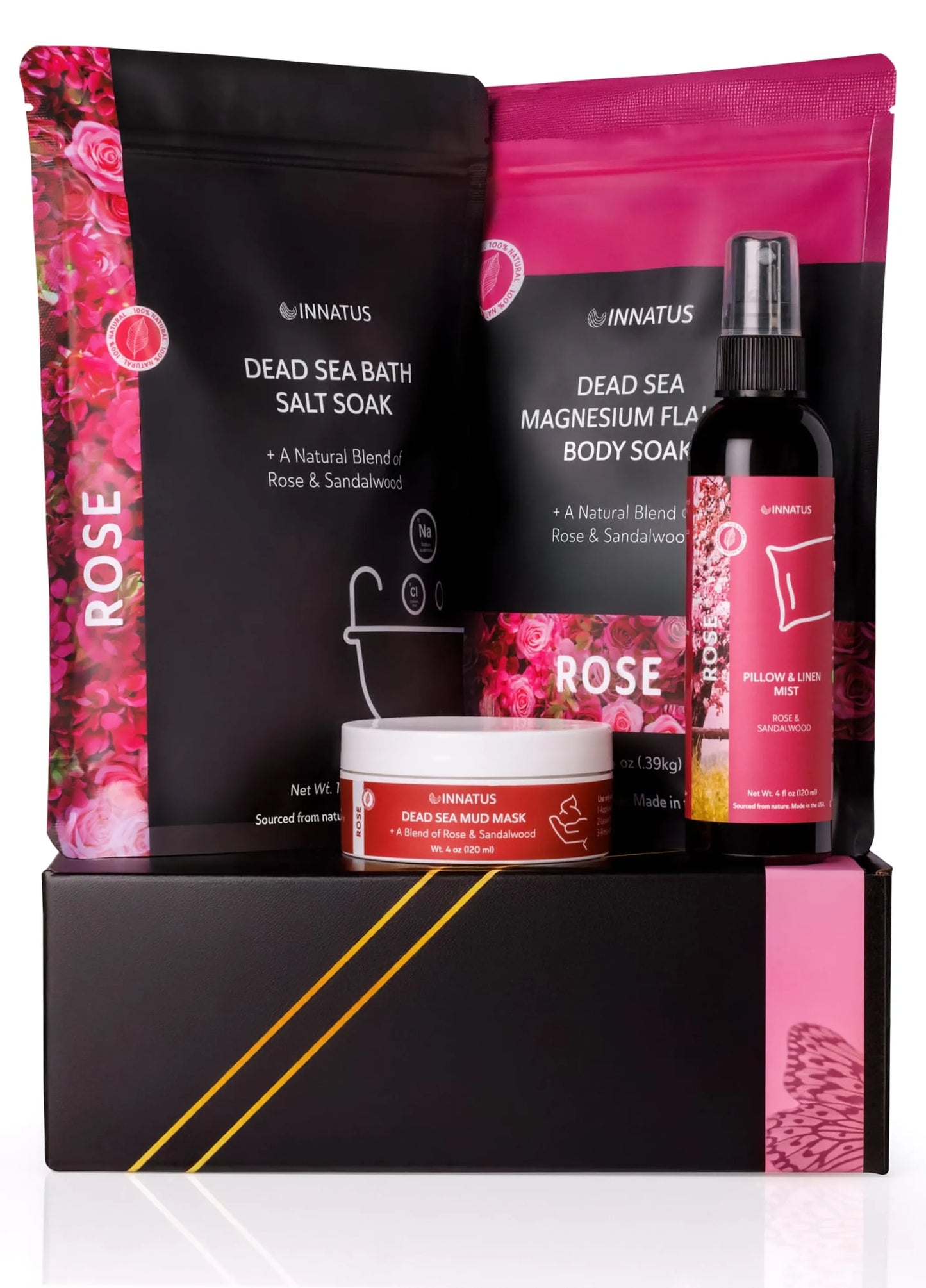 Luxury Dead Sea Spa Gift Set Bath Salt, Magnesium Flakes, Pillow & Linen Spray, and Mud Mask Rose & Sandalwood Aromatherapy Kit for Relaxation, Hydration & Skincare Perfect Self-Care Gift