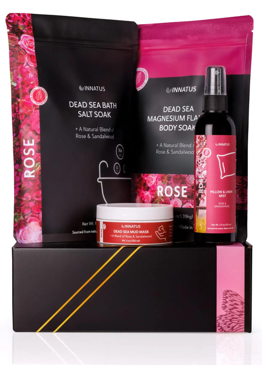 Luxury Dead Sea Spa Gift Set Bath Salt, Magnesium Flakes, Pillow & Linen Spray, and Mud Mask Rose & Sandalwood Aromatherapy Kit for Relaxation, Hydration & Skincare Perfect Self-Care Gift