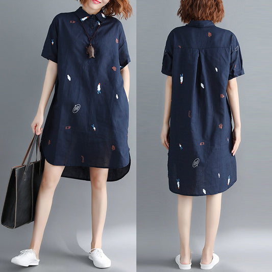 Literature And Art Loose Cotton And Hemp Printing Lapel Short Sleeve Dress Women's Medium And Long Shirt Skirt
