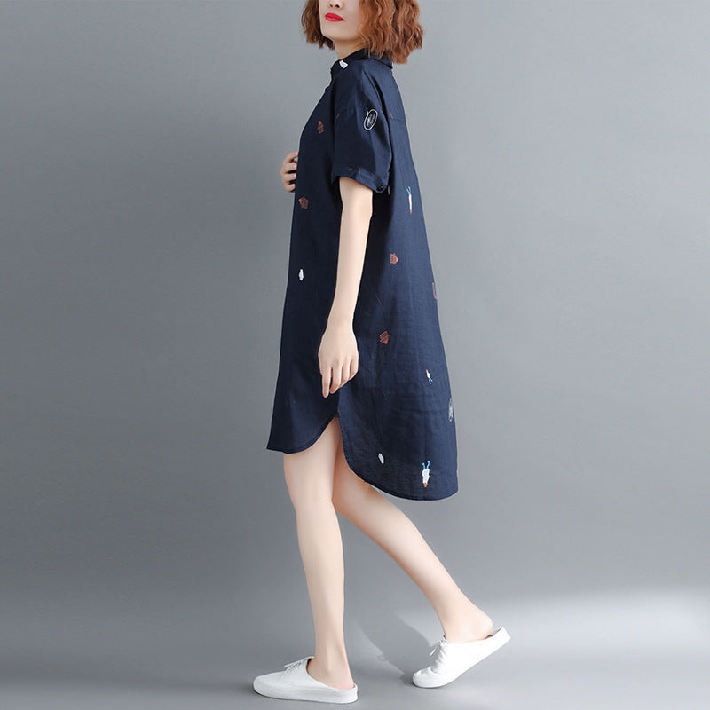 Literature And Art Loose Cotton And Hemp Printing Lapel Short Sleeve Dress Women's Medium And Long Shirt Skirt