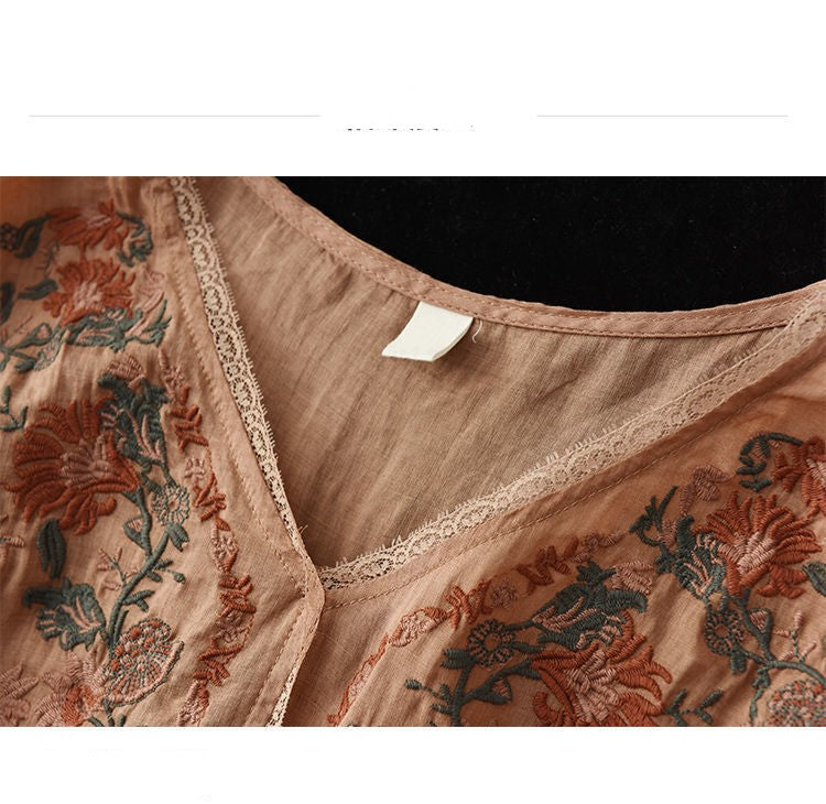Retro Art Heavy Industry Embroidered Cotton And Hemp Top For Women