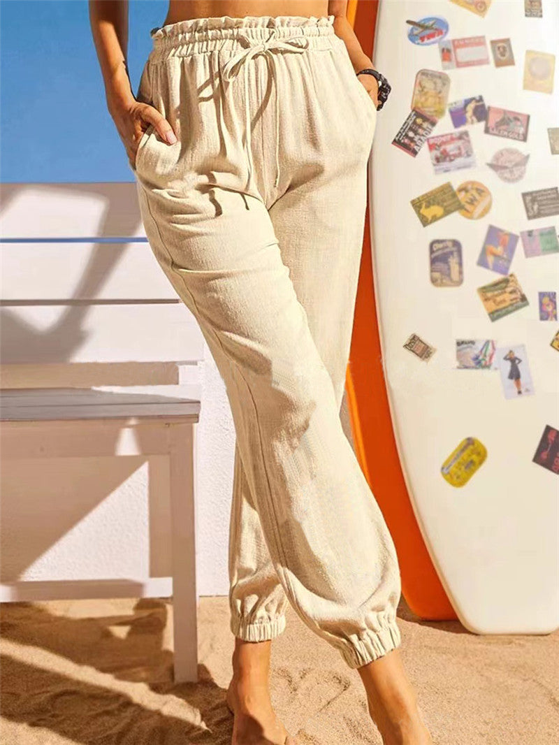 Europe And America Cross Border Hemp Cotton Lotus Leaf Ankle Banded Pants Elasticated Slacks Female