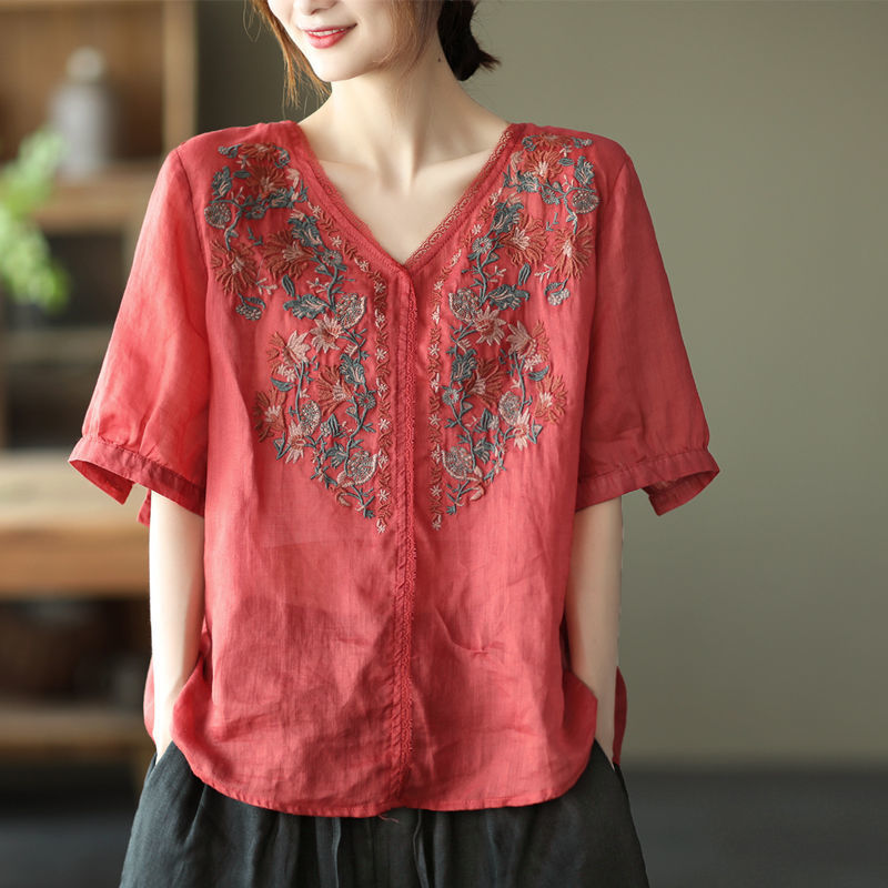 Retro Art Heavy Industry Embroidered Cotton And Hemp Top For Women