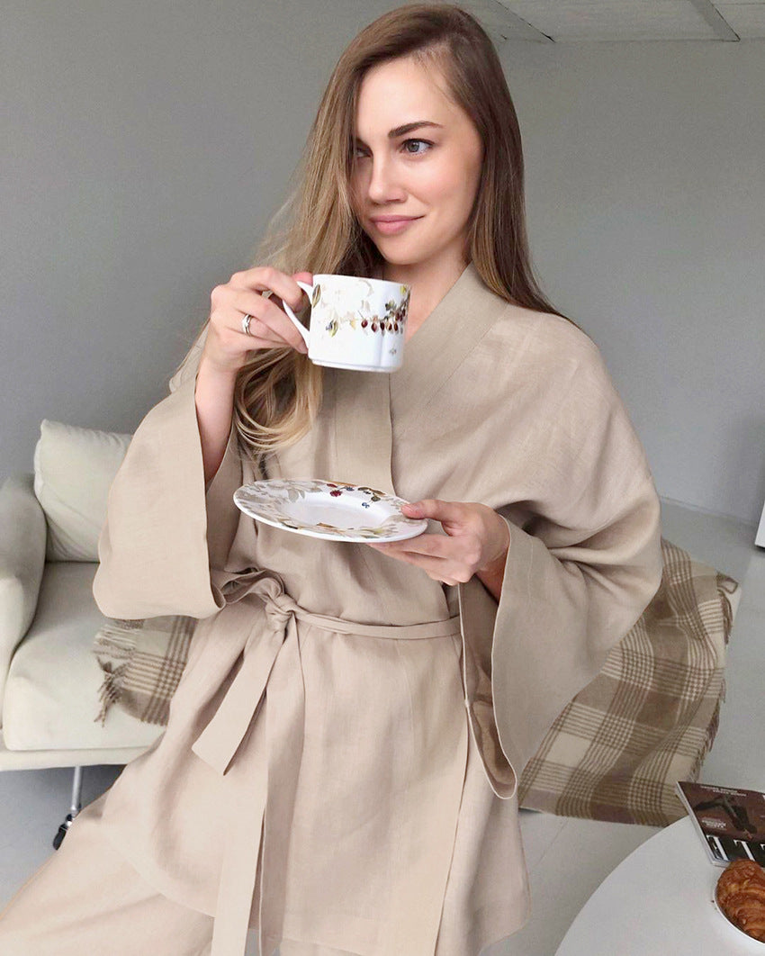 Ladies' Robe Trousers Casual Cotton And Linen Suit Homewear Outerwear