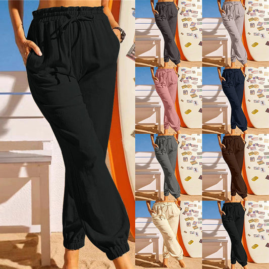 Europe And America Cross Border Hemp Cotton Lotus Leaf Ankle Banded Pants Elasticated Slacks Female