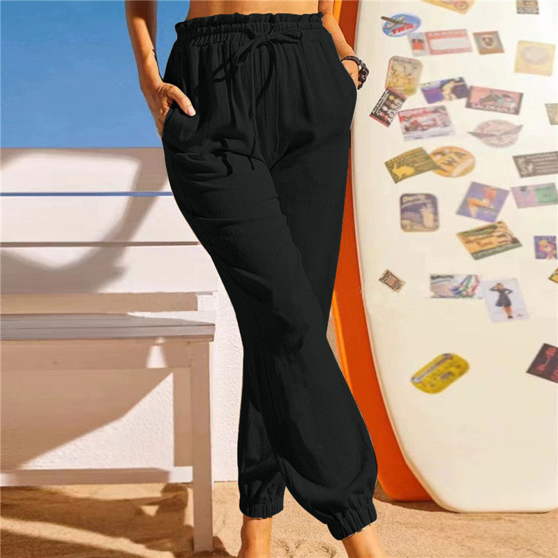 Europe And America Cross Border Hemp Cotton Lotus Leaf Ankle Banded Pants Elasticated Slacks Female