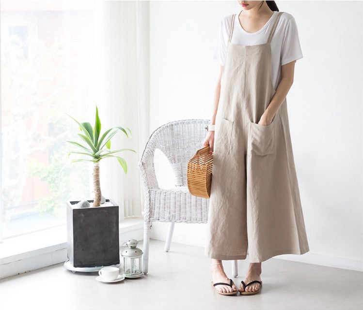New Loose Casual Wide Leg Cotton Hemp Sling Jumpsuit