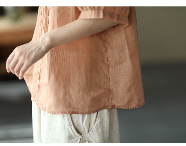 Retro Art Heavy Industry Embroidered Cotton And Hemp Top For Women