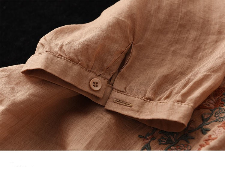 Retro Art Heavy Industry Embroidered Cotton And Hemp Top For Women