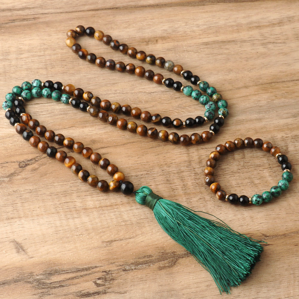 108 PCs Beads Tassel Necklace Natural Tigereye