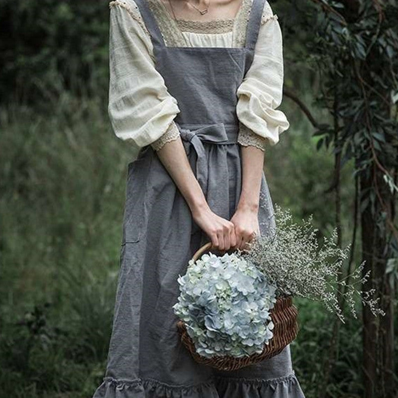 French Pastoral Florist Literary Cotton Hemp Vintage Ruffle Apron