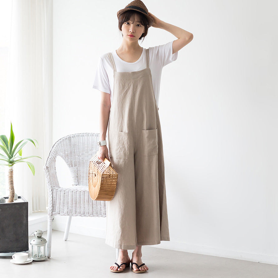New Loose Casual Wide Leg Cotton Hemp Sling Jumpsuit