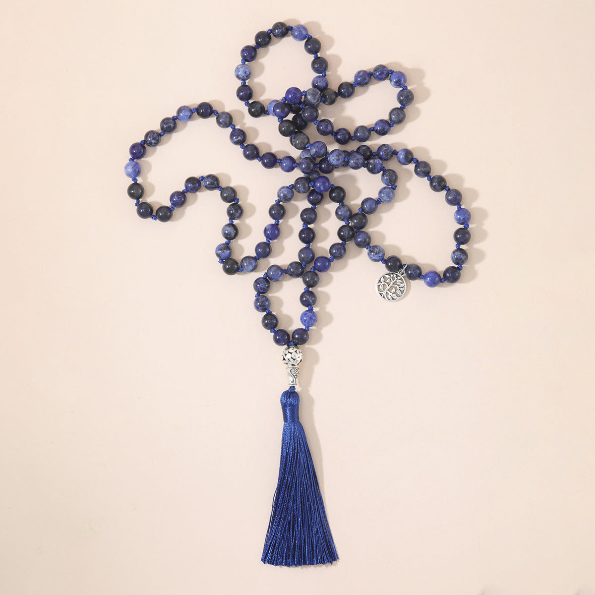 108 8mm Blue Pattern Hand Knotted Necklaces