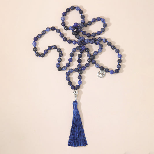 108 8mm Blue Pattern Hand Knotted Necklaces