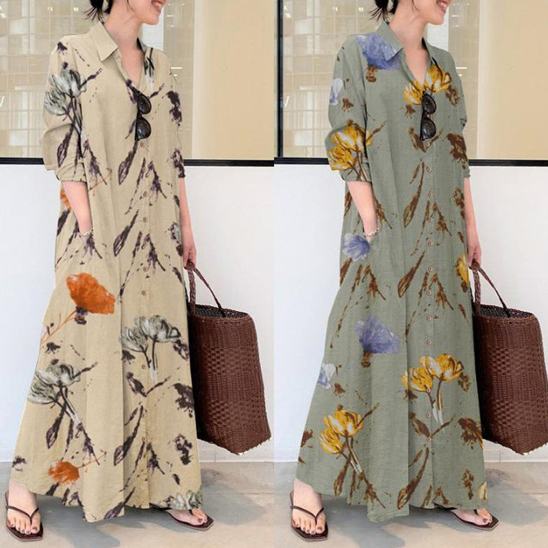 Cotton And Hemp Color Lapel Pocket Simple Loose Casual Long Dress