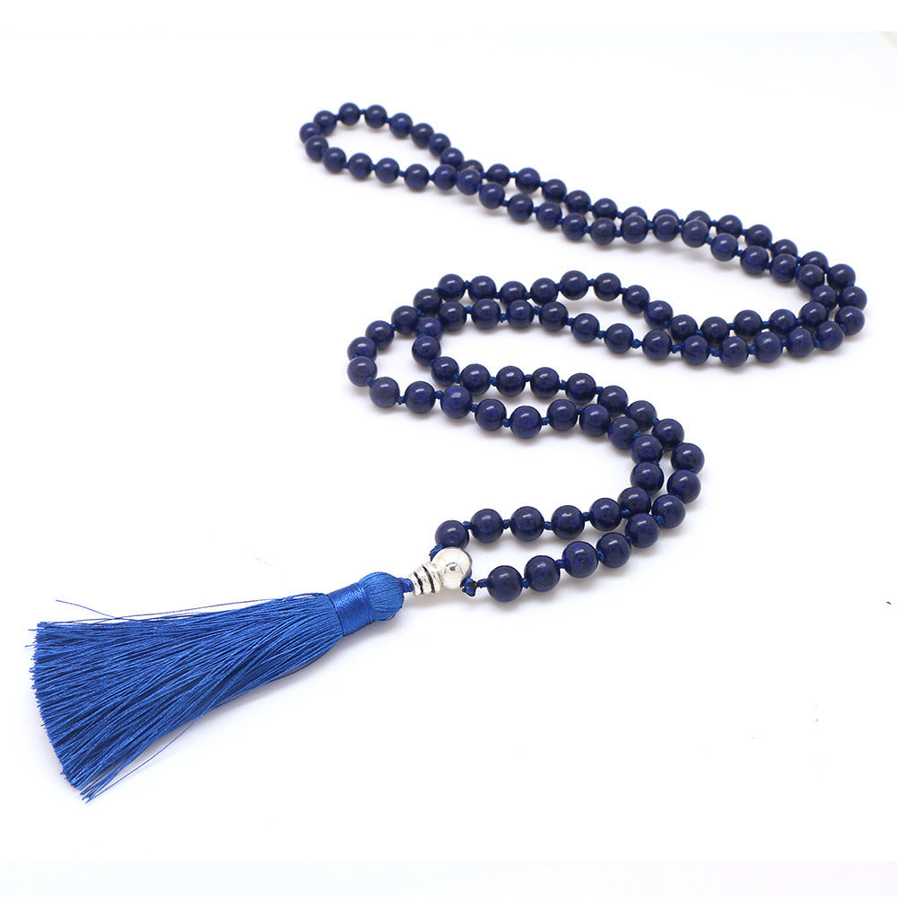 Blue Sandstone 8mm Natural Stone 108 Handmade Tassel Necklace