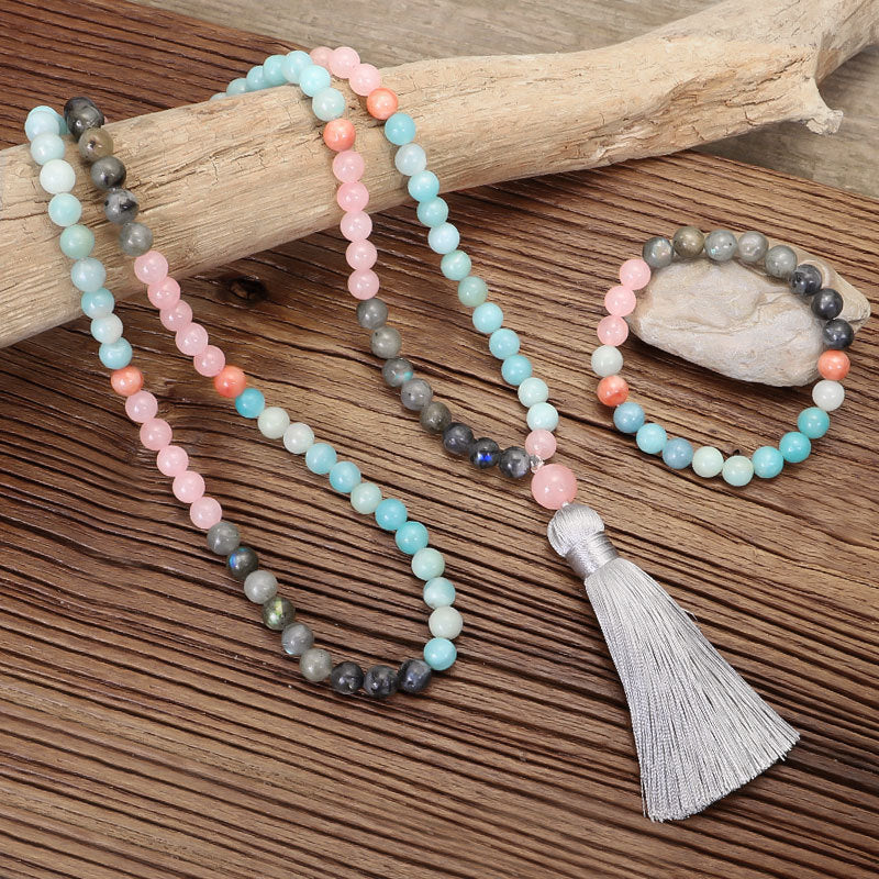 Summer New Bohemian Vacation Style 108 Colorful Stone Necklace Bracelet