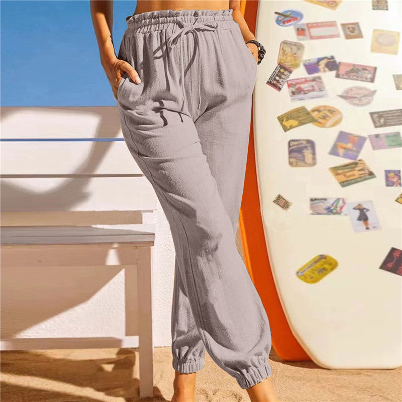Europe And America Cross Border Hemp Cotton Lotus Leaf Ankle Banded Pants Elasticated Slacks Female