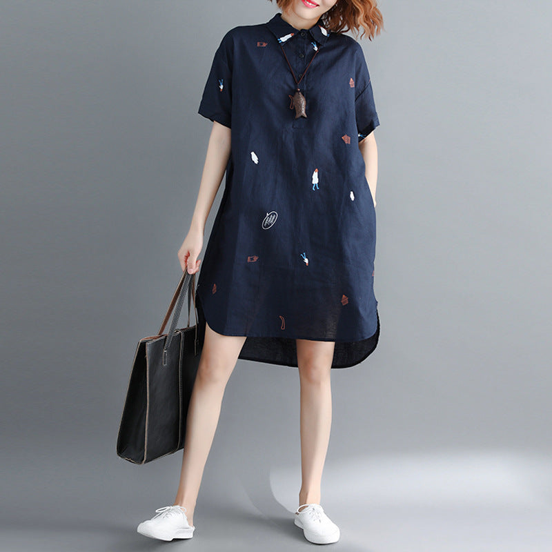 Literature And Art Loose Cotton And Hemp Printing Lapel Short Sleeve Dress Women's Medium And Long Shirt Skirt