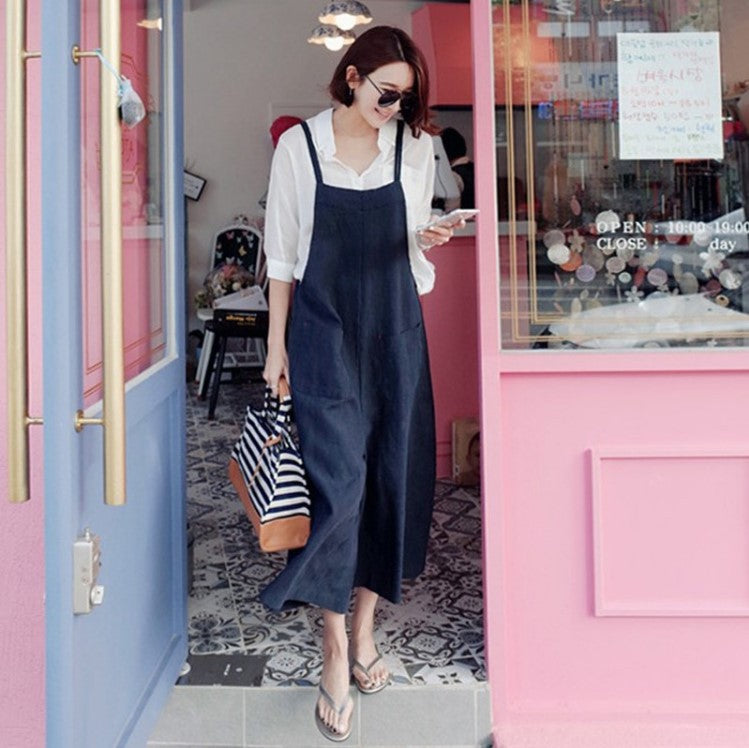 New Loose Casual Wide Leg Cotton Hemp Sling Jumpsuit