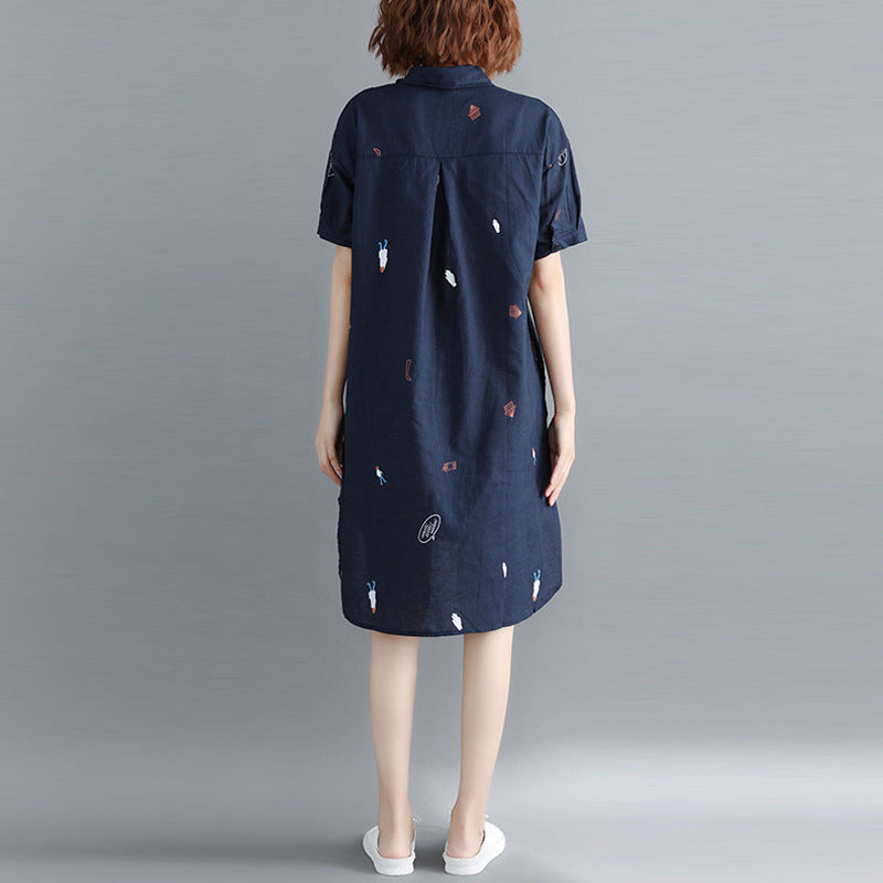 Literature And Art Loose Cotton And Hemp Printing Lapel Short Sleeve Dress Women's Medium And Long Shirt Skirt