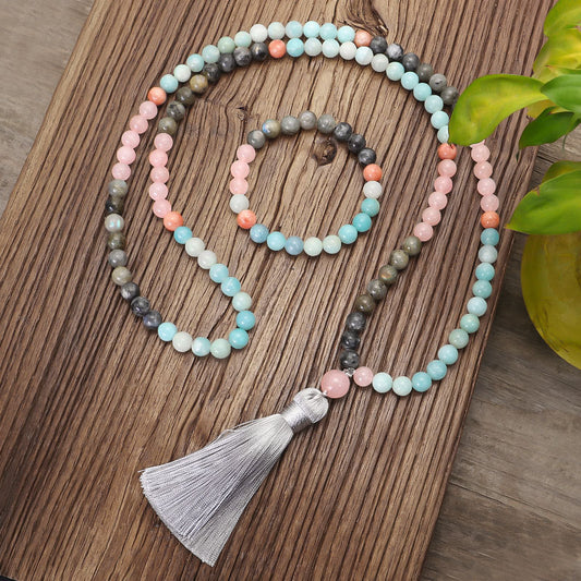 Summer New Bohemian Vacation Style 108 Colorful Stone Necklace Bracelet